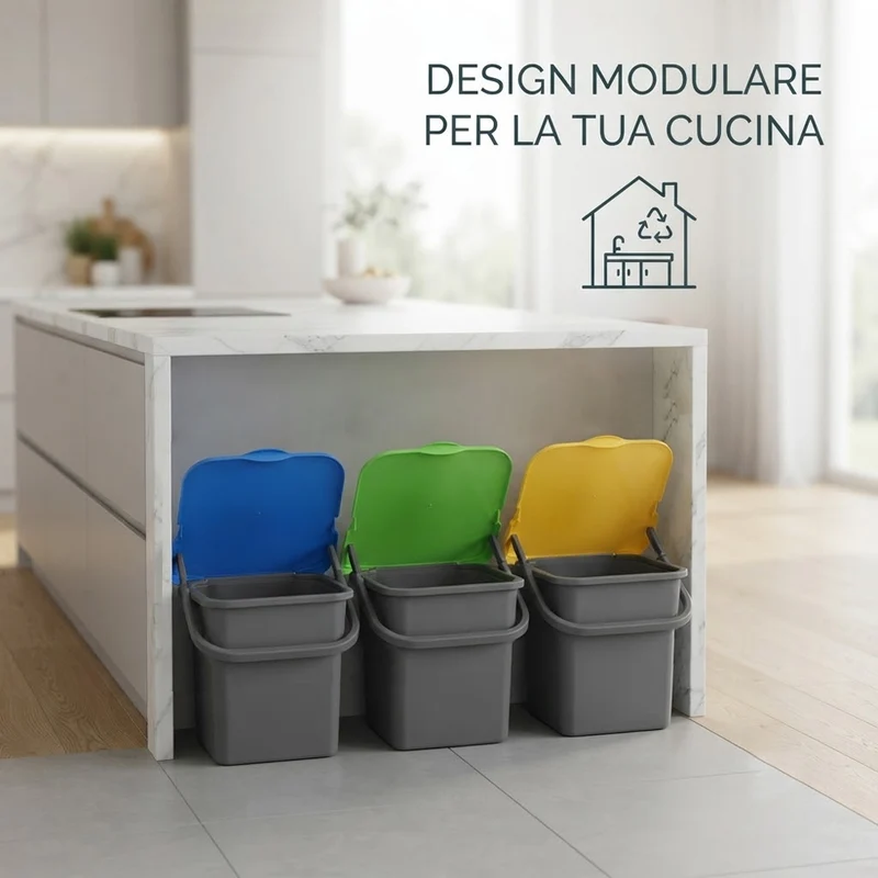 Set 3 Pattumiere Premi' 18L con Apertura Push Raccolta Differenziata 32×29×34 cm