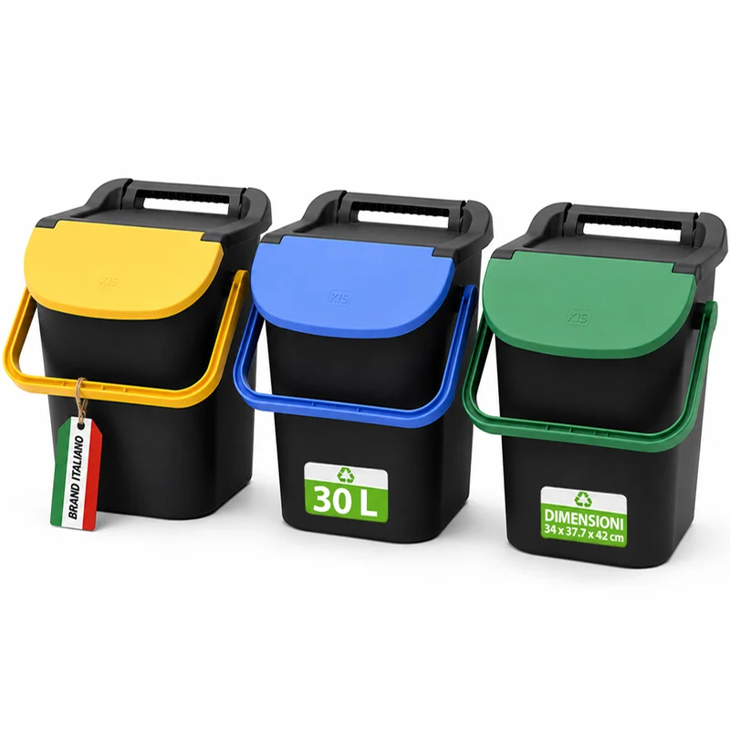 Set 3 Pattumiere Impilabili Tower Bin 3x30L Raccolta Differenziata 34x37.7x42 cm