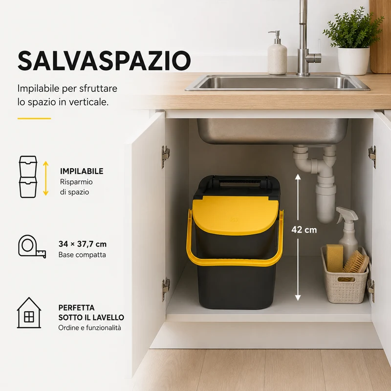 Set 3 Pattumiere Impilabili Tower Bin 3x30L Raccolta Differenziata 34x37.7x42 cm