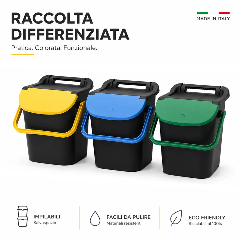 Set 3 Pattumiere Impilabili Tower Bin 3x30L Raccolta Differenziata 34x37.7x42 cm