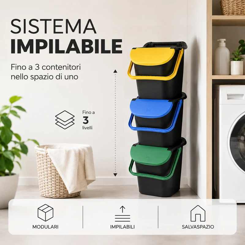 Set 3 Pattumiere Impilabili Tower Bin 3x30L Raccolta Differenziata 34x37.7x42 cm