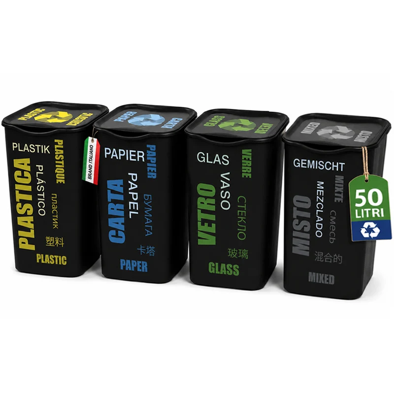 Set 4 Pattumiere da 50 Litri per Raccolta Differenziata Bidone 37,5×36×53,5 cm