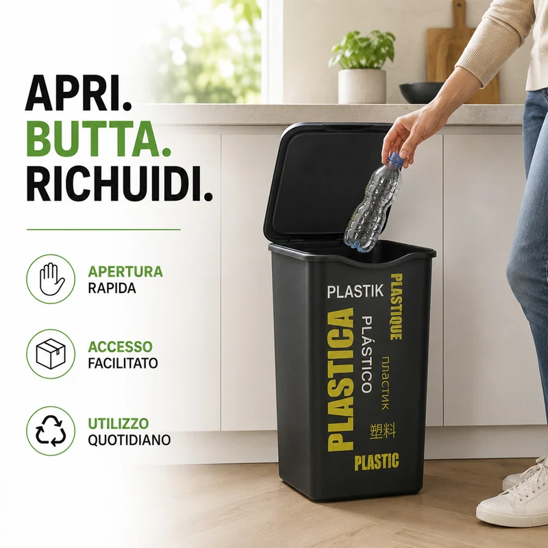 Set 4 Pattumiere da 50 Litri per Raccolta Differenziata Bidone 37,5×36×53,5 cm