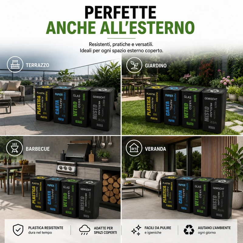 Set 4 Pattumiere da 50 Litri per Raccolta Differenziata Bidone 37,5×36×53,5 cm