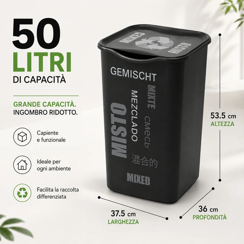 Set 4 Pattumiere da 50 Litri per Raccolta Differenziata Bidone 37,5×36×53,5 cm