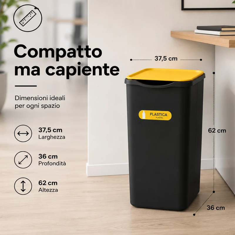 Set 3 Pattumiere Bidoni Raccolta Differenziata Spazzatura da 50 L 37.5x36x62 cm
