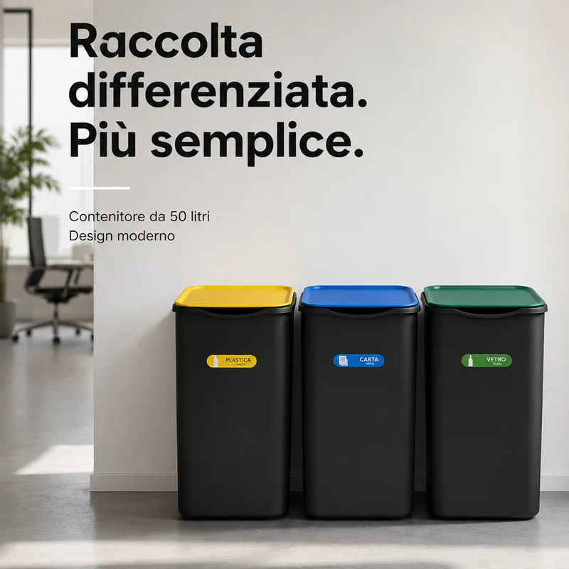 Set 3 Pattumiere Bidoni Raccolta Differenziata Spazzatura da 50 L 37.5x36x62 cm