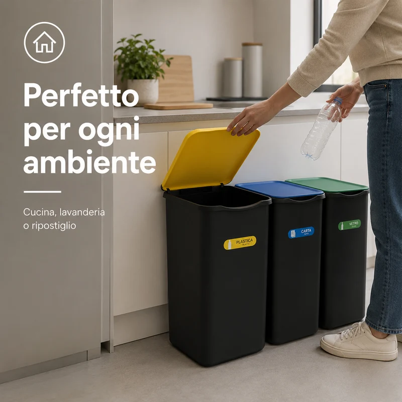 Set 3 Pattumiere Bidoni Raccolta Differenziata Spazzatura da 50 L 37.5x36x62 cm