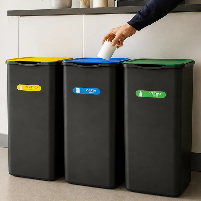 Set 3 Pattumiere Bidoni Raccolta Differenziata Spazzatura da 50 L 37.5x36x62 cm