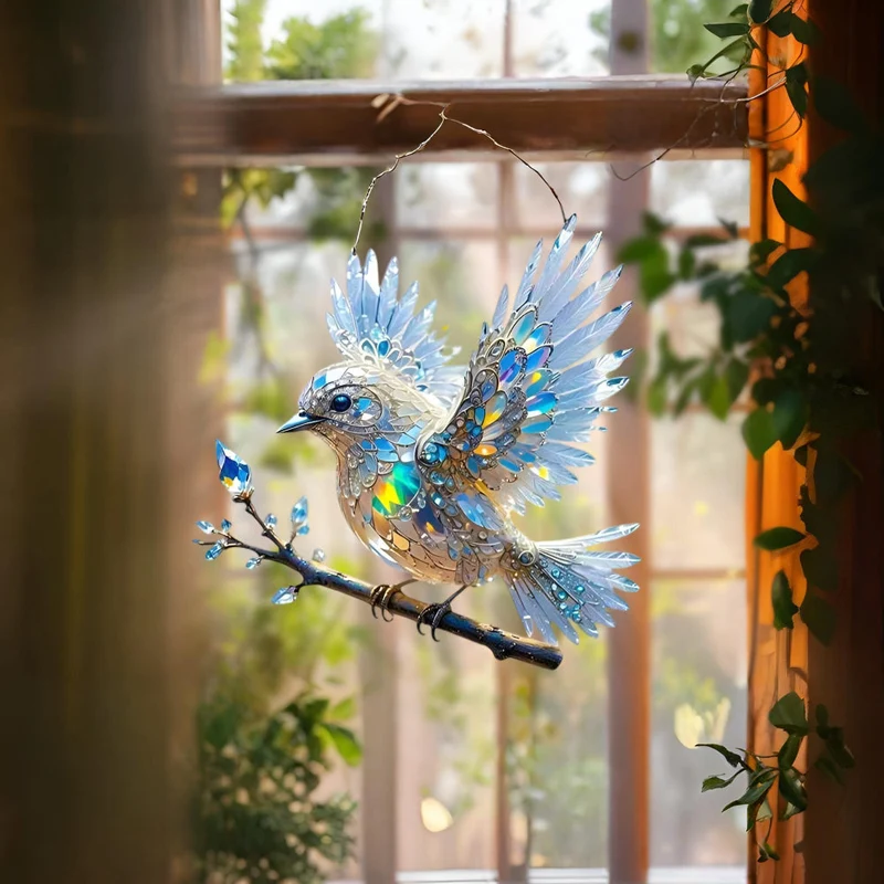 Blue Bird Sun Catcher for Window Decoration Stained Glass Effect