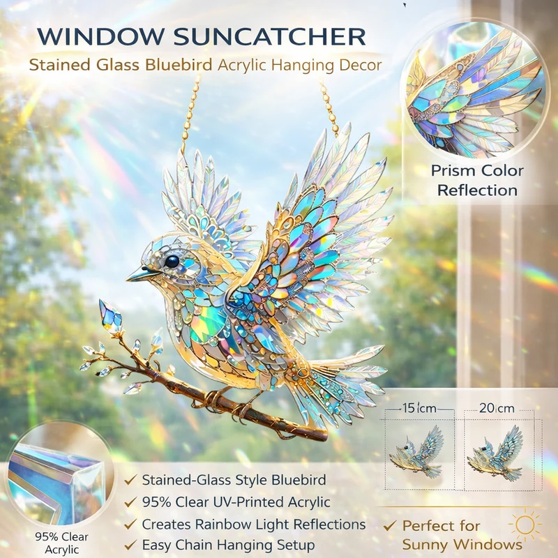 Blue Bird Sun Catcher for Window Decoration Stained Glass Effect