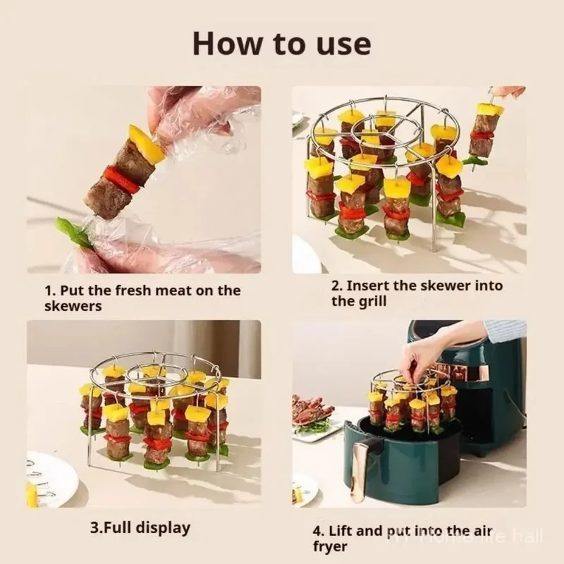 Airfryer spiezenrek – RVS grillhouder met spiesjes voor gelijkmatige bereiding