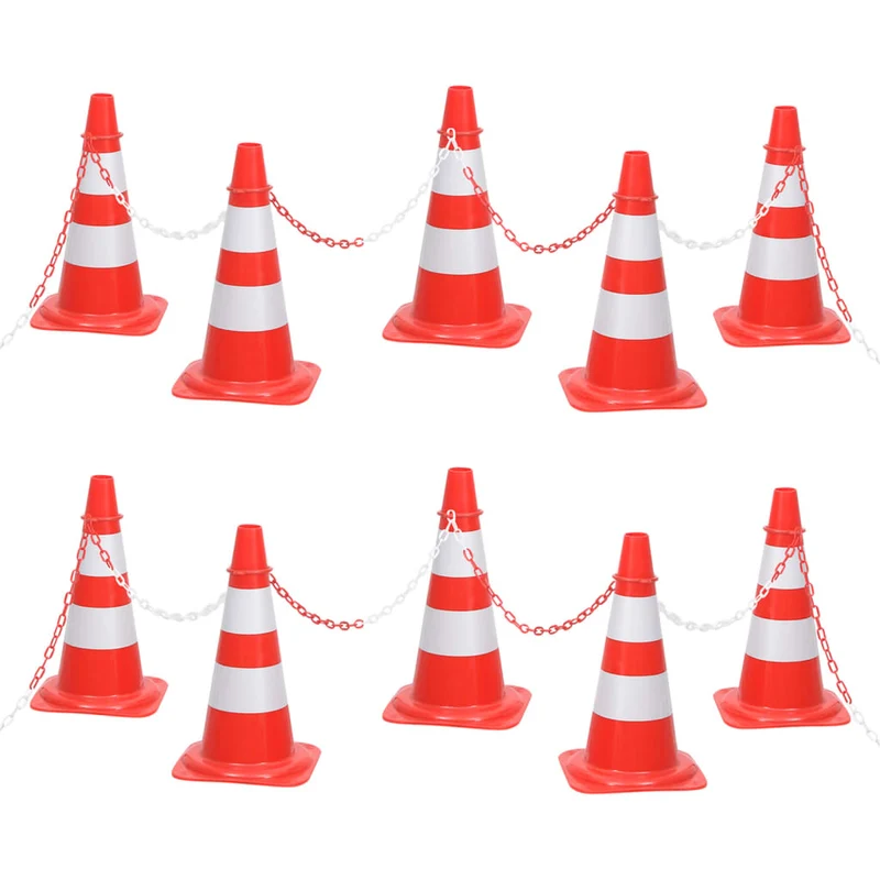 Set 10 Coni Per Segnaletica Stradale Con Catena da 10mt Rosso e Bianco Esterno