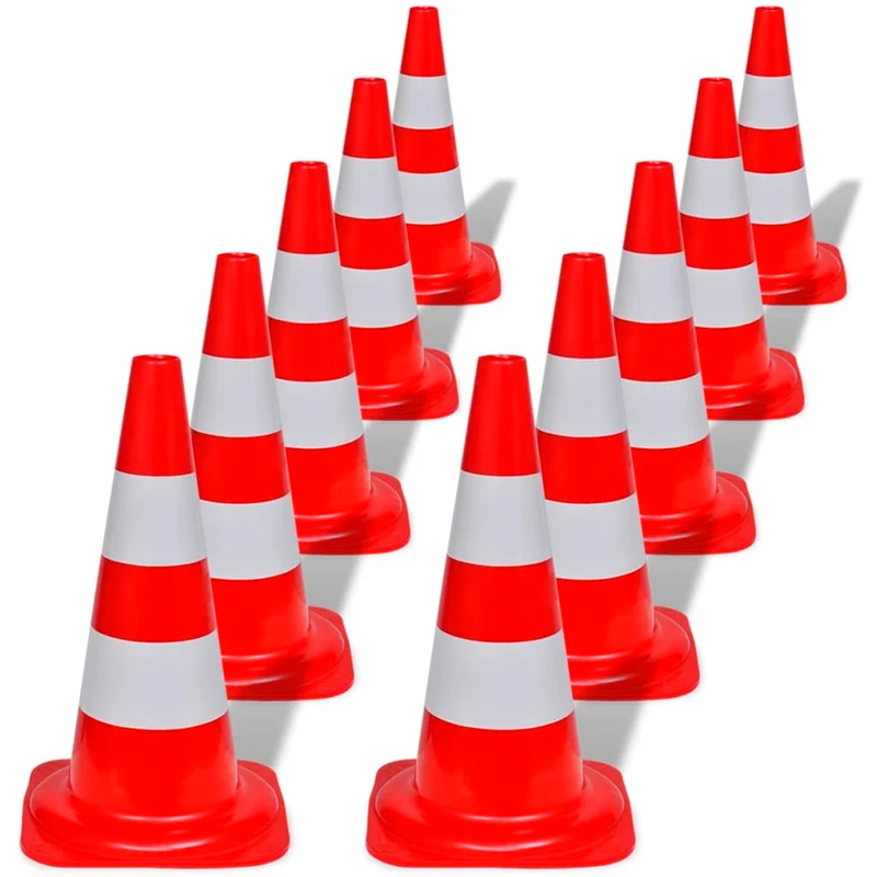 Set 10 Coni Stradali Emergenza Segnaletici Riflettenti Rosso e Bianco 50 cm