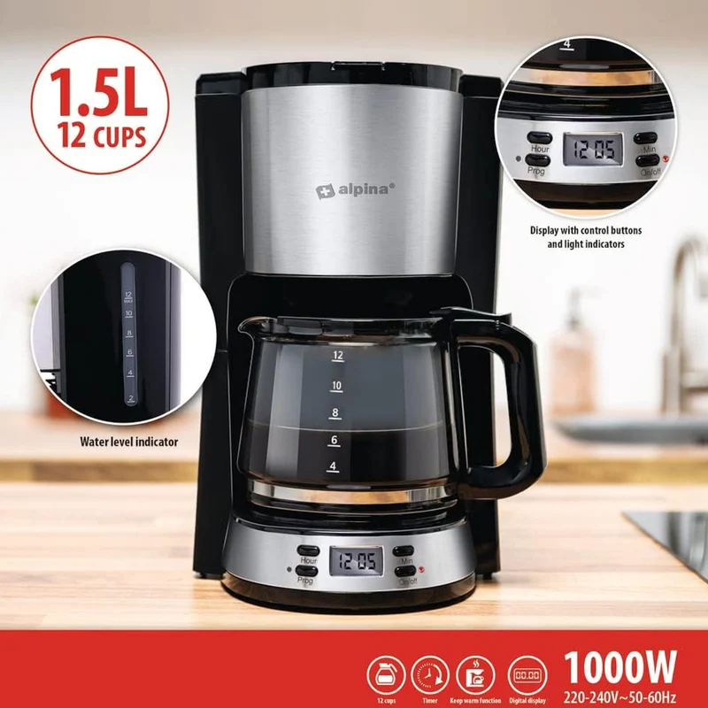 Macchina da Caffè con Filtro Caffettiera 1000 W Caraffa da 1,5 Litri 12 Tazzine