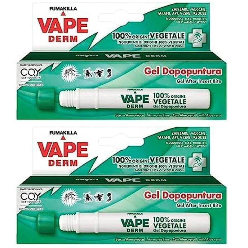2 x Vape Derm Penna Gel Dopopuntura Zanzare Ingredienti Vegetali Lenitivo 1x10ml