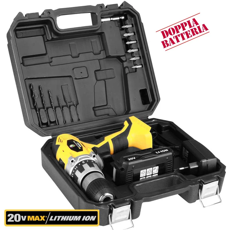 Trapano Avvitatore 20V a DOPPIA Batteria LITIO in Valigetta Cordless 2 Velocita