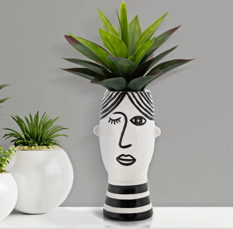 Vaso Face 13,2x11,8x26,3 cm in Porcellana Bianco e Nero