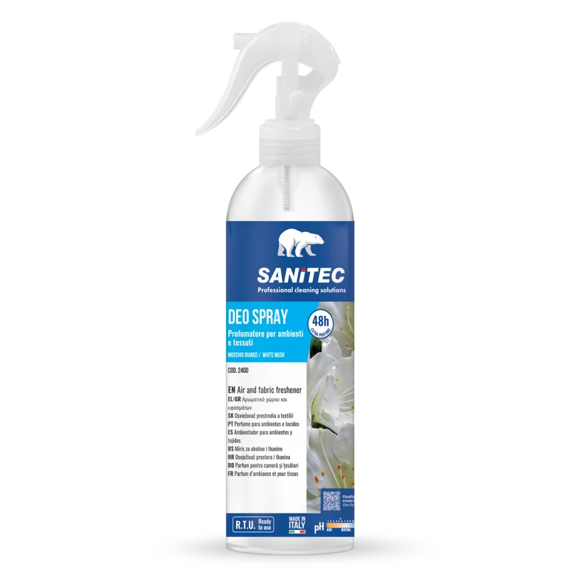 Profumatore spray per ambienti e tessuti Sanitec Deo Spray Muschio Bianco 12x300 ml DISPONIBILE IN 7 GIORNI LAVORATIVI