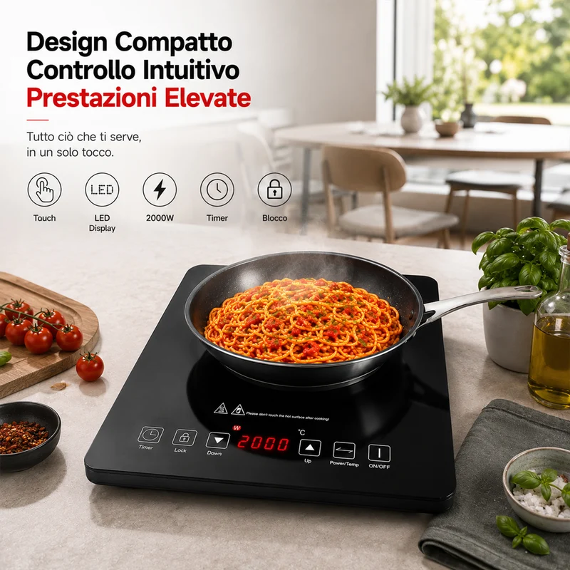 Piastra Fornello Elettrico a Induzione 1 Fuoco per Cucina Cottura Omogenea 2000W