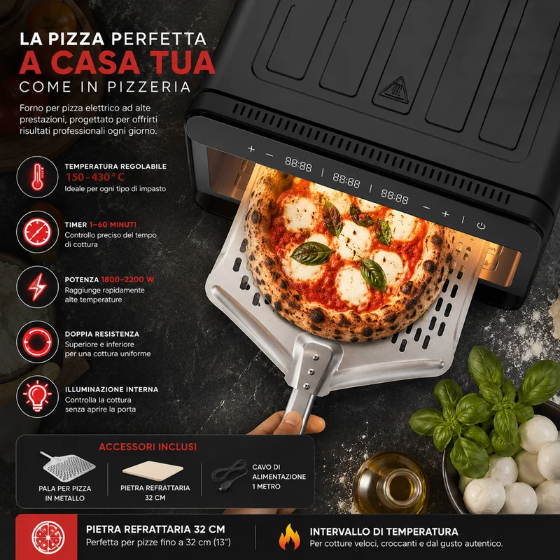 Pizza Maker Forno Elettrico Pizze 2200W Temperatura 150-430° Cottura Uniforme