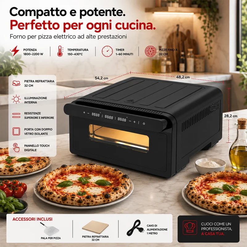 Pizza Maker Forno Elettrico Pizze 2200W Temperatura 150-430° Cottura Uniforme