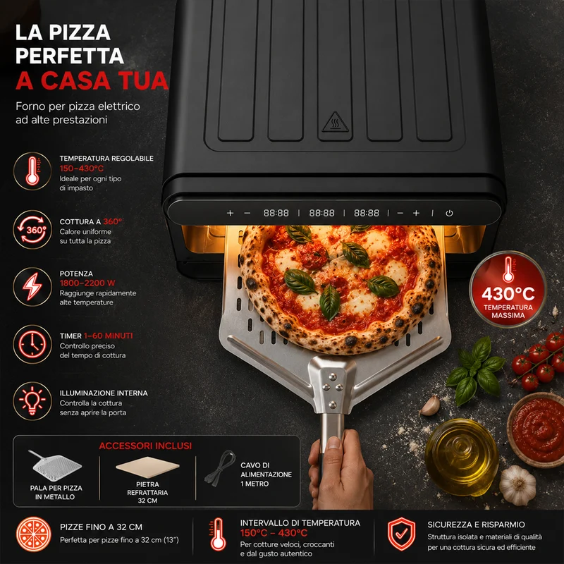 Pizza Maker Forno Elettrico Pizze 2200W Temperatura 150-430° Cottura Uniforme