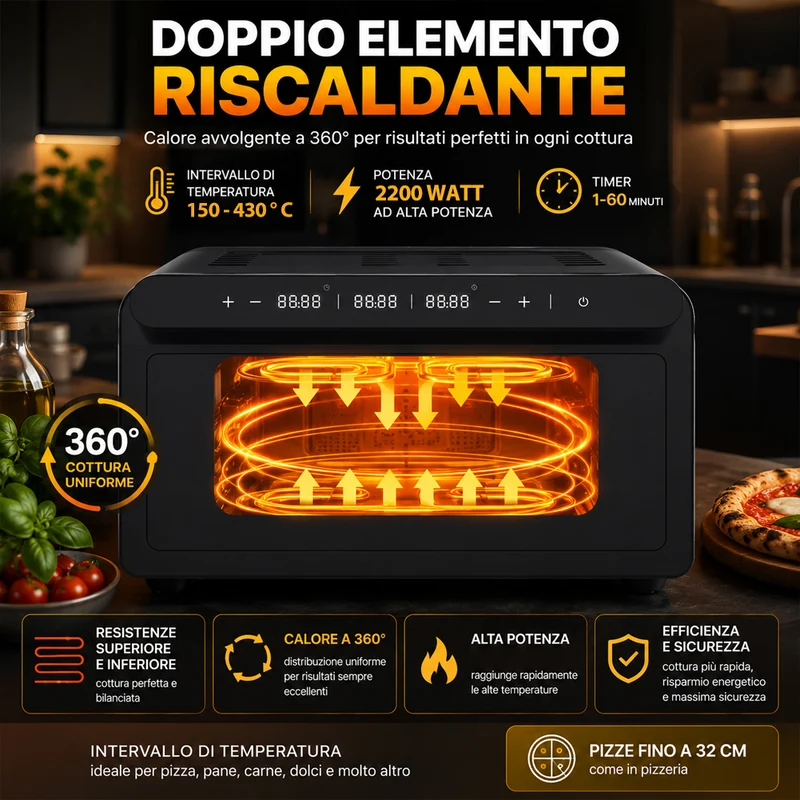 Pizza Maker Forno Elettrico Pizze 2200W Temperatura 150-430° Cottura Uniforme