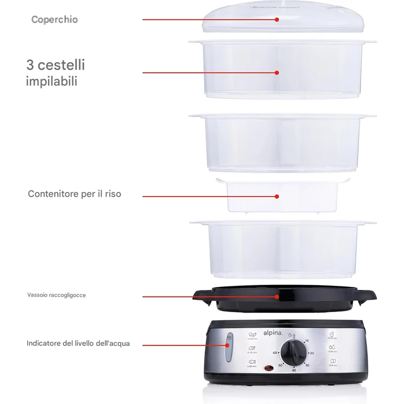 Vaporiera Elettrica Pentola a Vapore 800W a 3 Strati Capacità 9L con Timer
