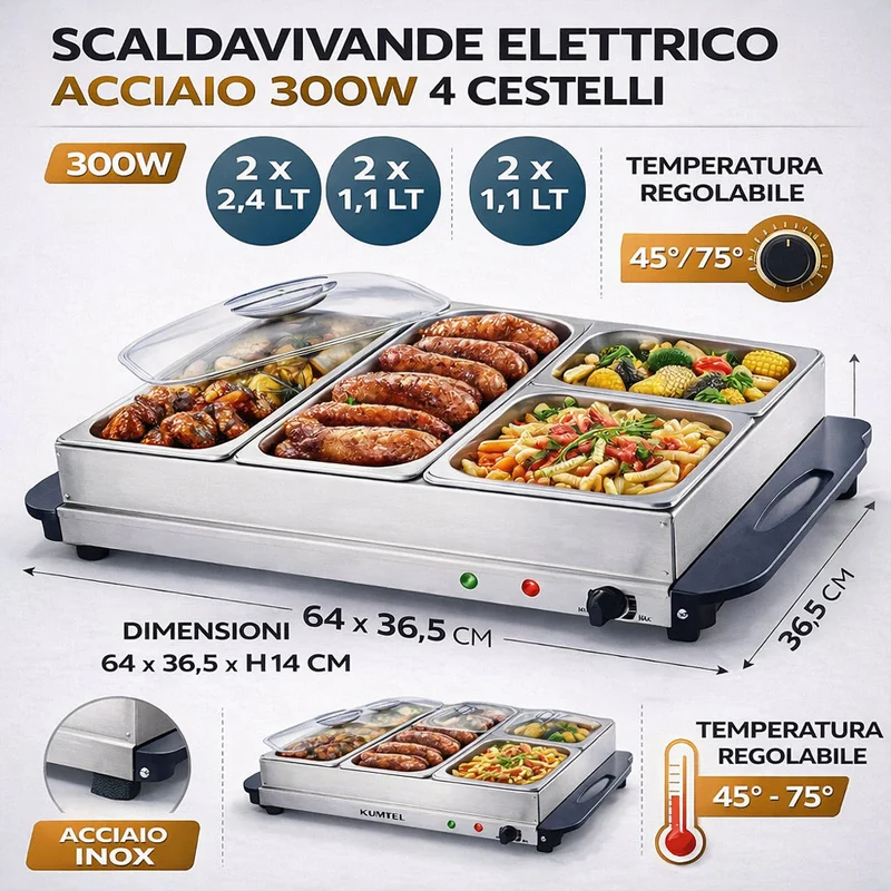 Scaldavivande Elettrico Acciaio Inox Potenza 300W con 4 Cestelli 64x36.5x14cm