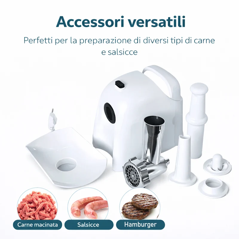 Tritacarne Elettrico Bianco con Lame in Acciaio Inox e Accessori Potenza 1000W