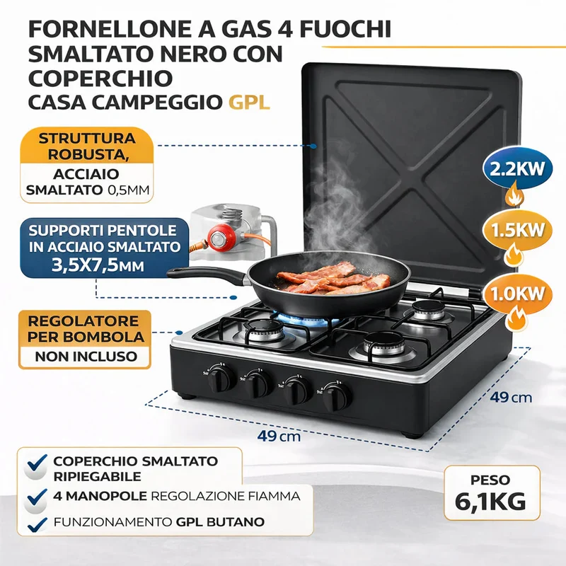 Piano Cottura da Campeggio a Gas 4 Fuochi STAYLUX con Coperchio Fornellone cucina