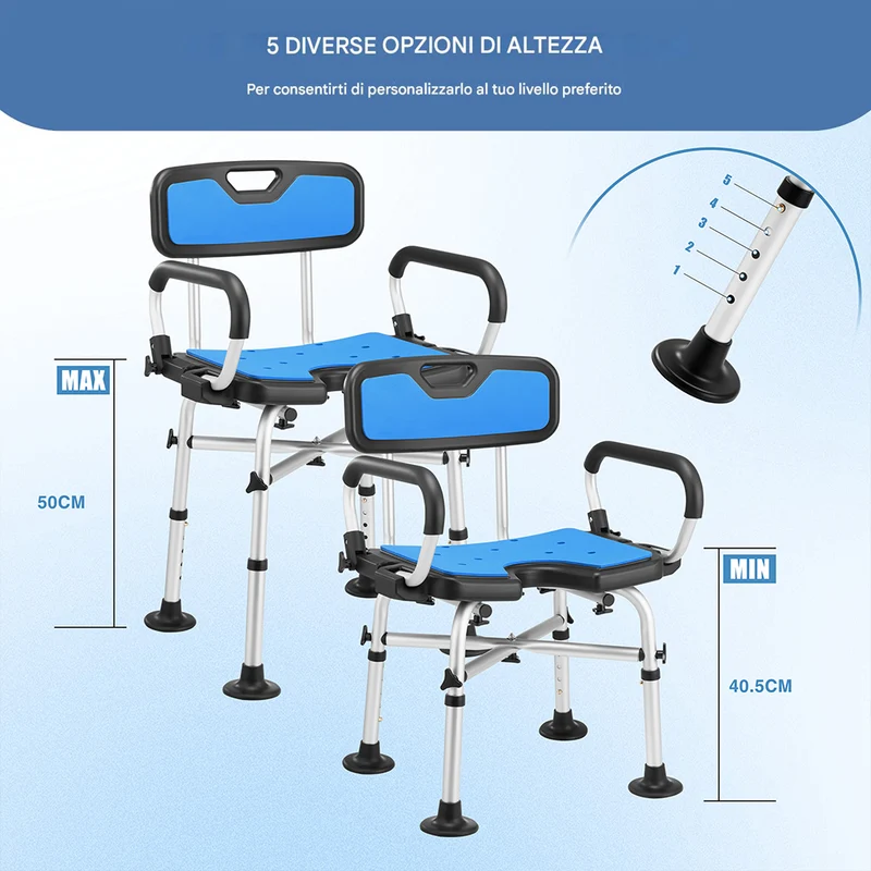 Sedia Sgabello da Bagno Doccia in Alluminio Altezza Regolabile Maniglie Sicurezza