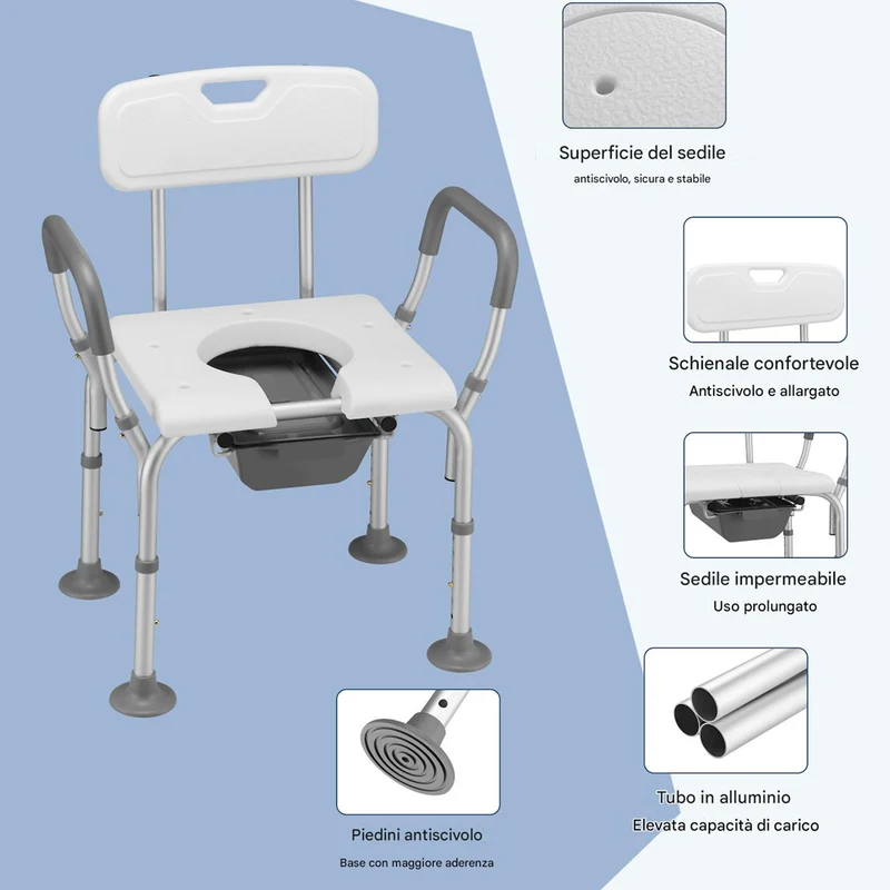 Sedia Sgabello WC Bagno in Alluminio per Anziani e Disabili Altezza Regolabile