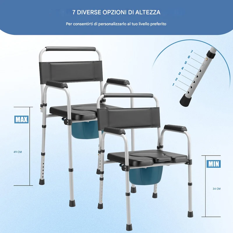 Sedia Wc in Metallo ed Ecopelle Secchio e Coperchio Anziani Altezza Regolabile