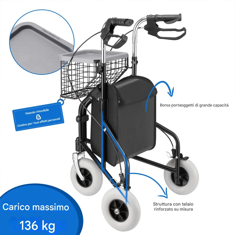 Deambulatore a 3 Ruote e Carrellino per Anzini Disabili Persone Mobilità Ridotta