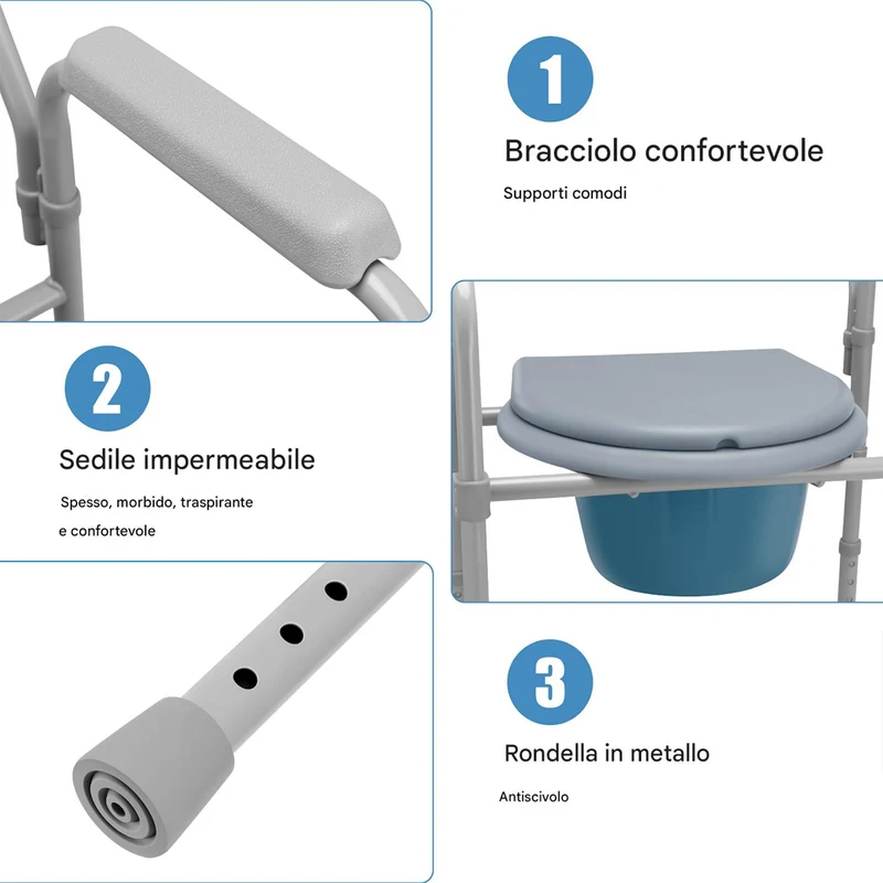 Sedia Toilette Wc Metallo Leggero Vaso Removibile per Anziani Mobilità Ridotta