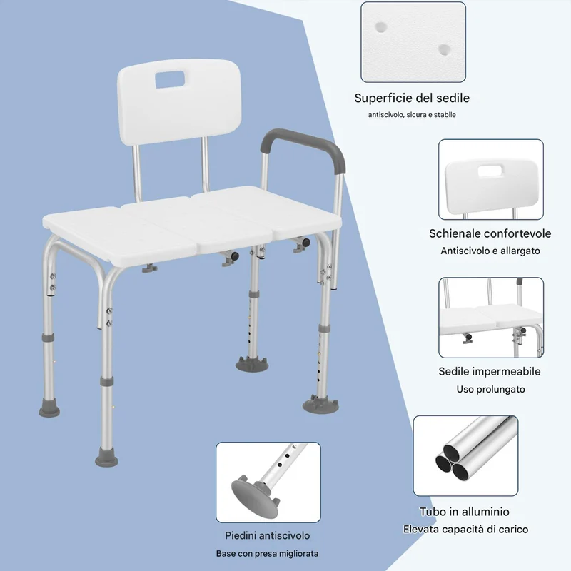 Sgabello Doccia Doppio in Alluminio 76x45x92.5cm per Anziani Mobilità Ridotta