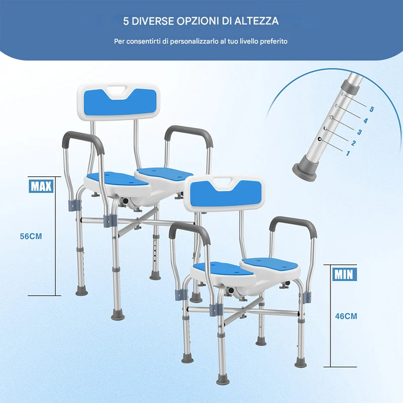 Sedia Sgabello da Doccia WC in Alluminio Altezza Regolabile 83-93 cm per Anziani