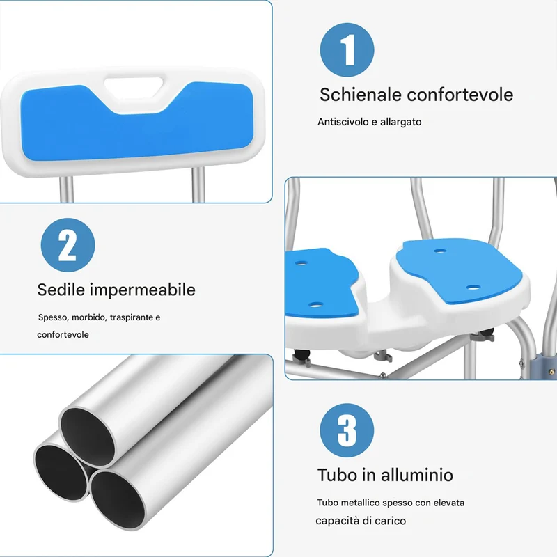 Sedia Sgabello da Doccia WC in Alluminio Altezza Regolabile 83-93 cm per Anziani