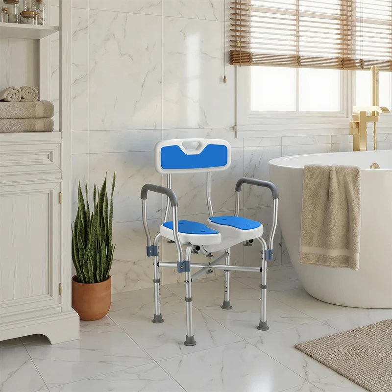 Sedia Sgabello da Doccia WC in Alluminio Altezza Regolabile 83-93 cm per Anziani