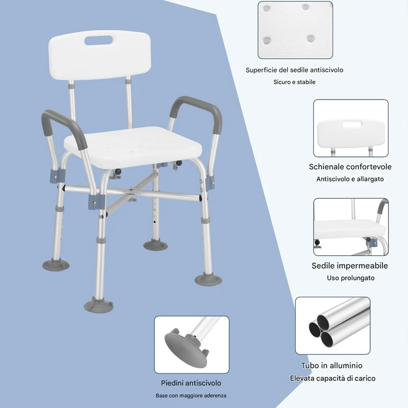 Sedia Sgabello da Bagno per Anziani Mobilità Ridotta Disabili Altezza Regolabile