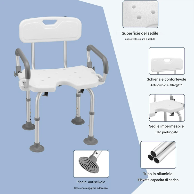 Sedia da Doccia in Alluminio e HDPE Sedile da Bagno Altezza Regolabile 70-83cm