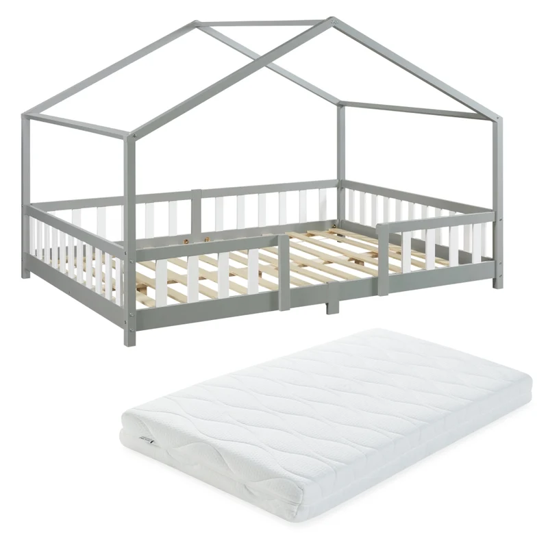 Letto per Cameretta Treviolo a Forma di Casetta in Stile Montessori con Materasso 120x200 cm - Grigio Chiaro/Bianco [en.casa]