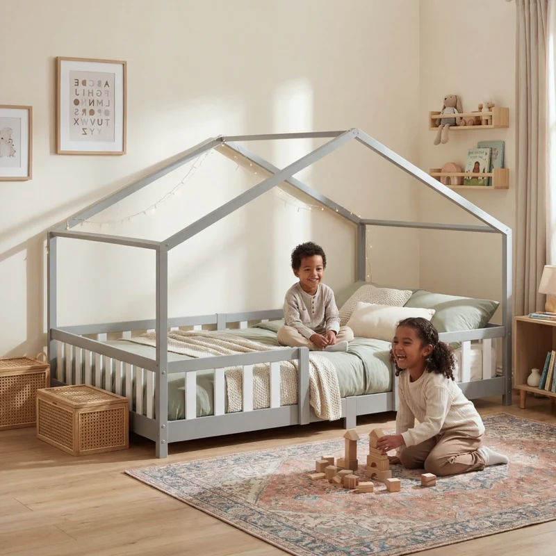 Letto per Cameretta Treviolo a Forma di Casetta in Stile Montessori con Materasso 120x200 cm - Grigio Chiaro/Bianco [en.casa]