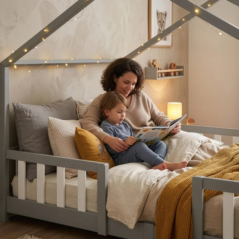 Letto per Cameretta Treviolo a Forma di Casetta in Stile Montessori con Materasso 120x200 cm - Grigio Chiaro/Bianco [en.casa]