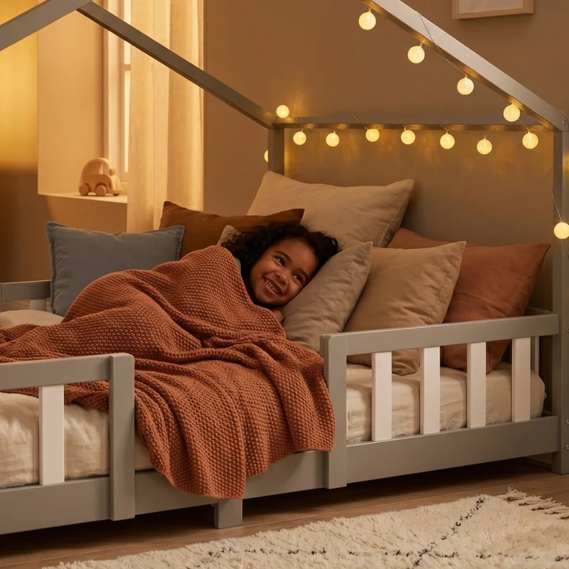 Letto per Cameretta Treviolo a Forma di Casetta in Stile Montessori con Materasso 120x200 cm - Grigio Chiaro/Bianco [en.casa]
