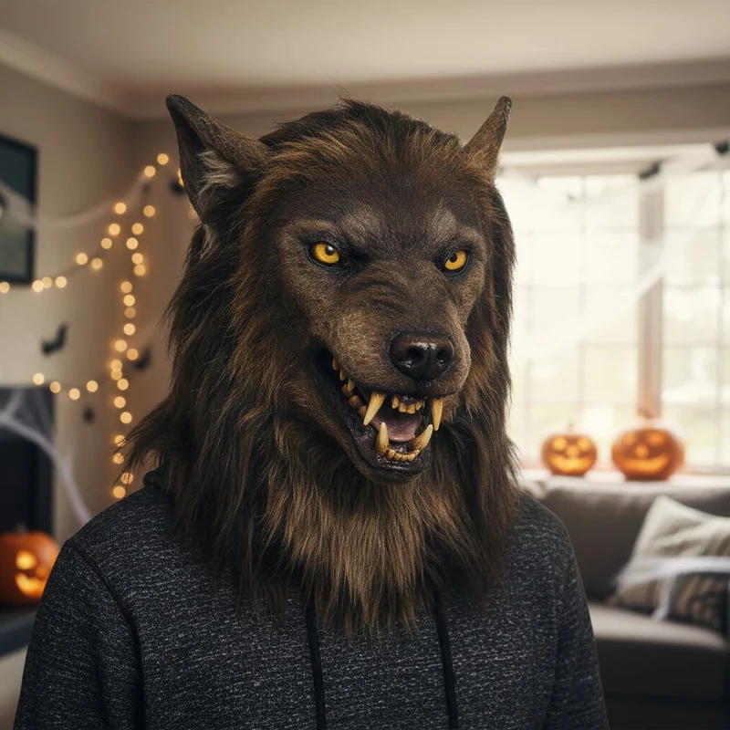 Halloween Werewolf Mask with Faux Fur and Menacing Fangs for a Party