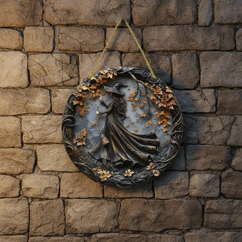 Halloween Round Wall Relief with Witches and Autumn Leaves