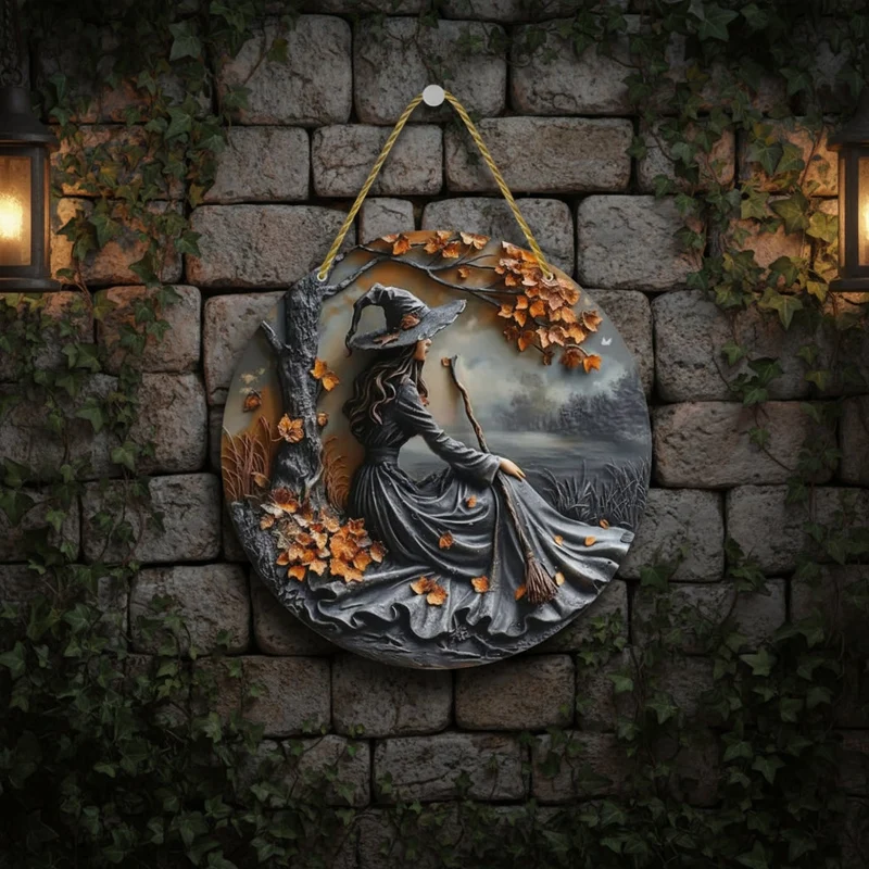Halloween Round Wall Relief with Witches and Autumn Leaves